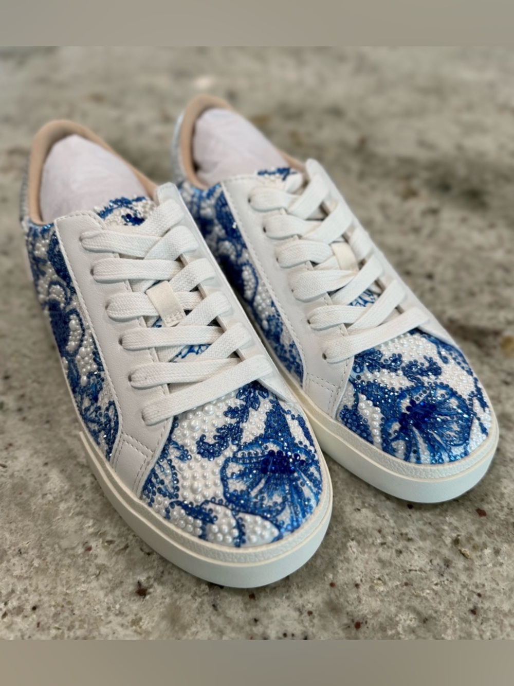 Betsey Johnson White and Blue Beaded Floral "Damon" Sneakers "NEW" - Picture 4 of 17